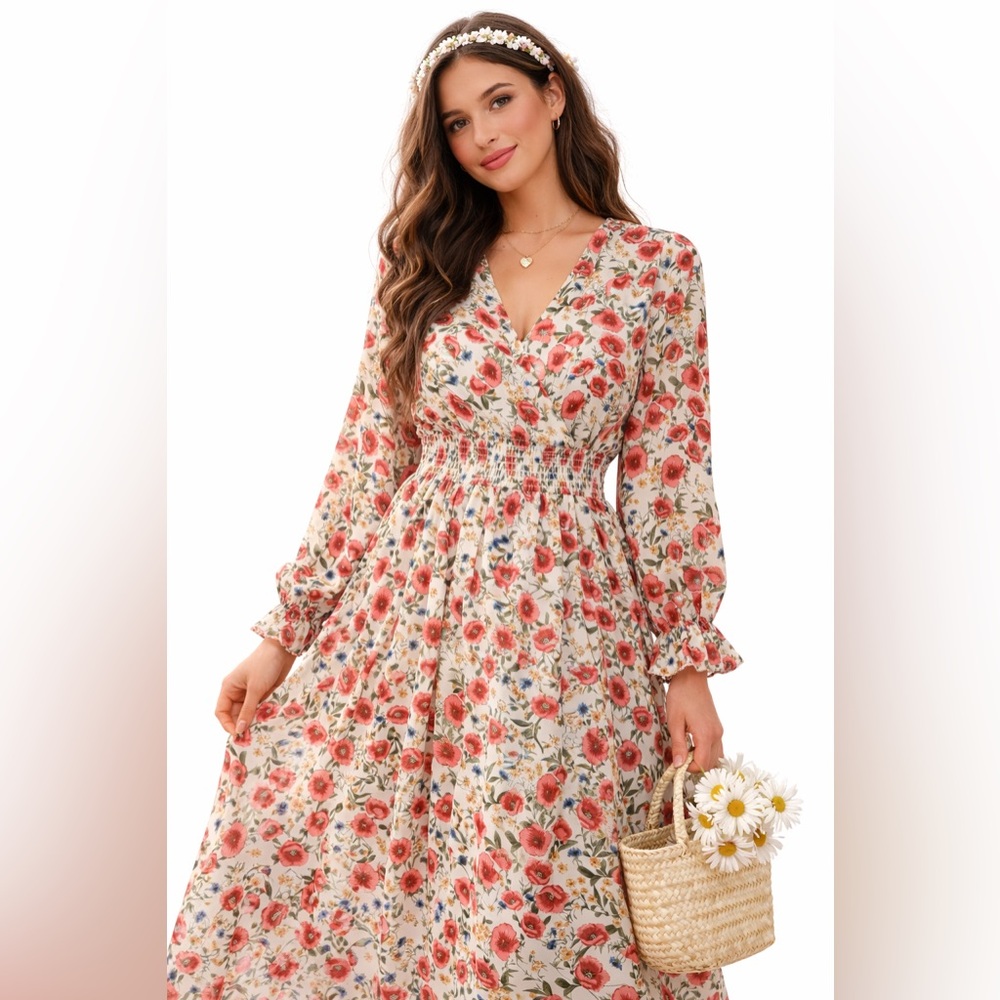 Romantic Floral Midi Dress Smocked Waist Cottagecore Lined Small